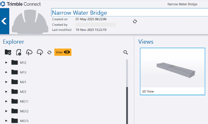 Overzichtelijke mappenstructuur in het Trimble Connect cloud-platform voor het gestructureerd delen van 3D-modellen en meetdata tussen kantoor en werkplaats.
