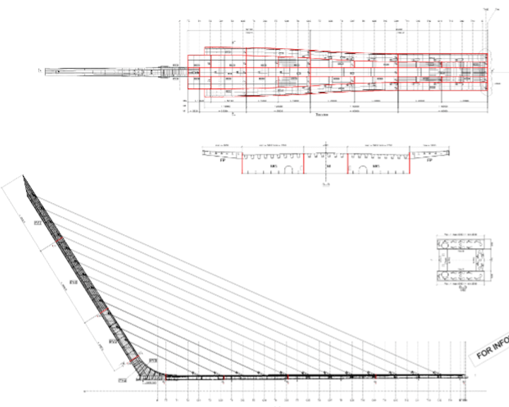 Gedetailleerde technische tekening van het volledige 3D-brugmodel van de Narrow Water Bridge, ontwikkeld in Trimble Tekla voor nauwkeurige staalbouw-engineering.