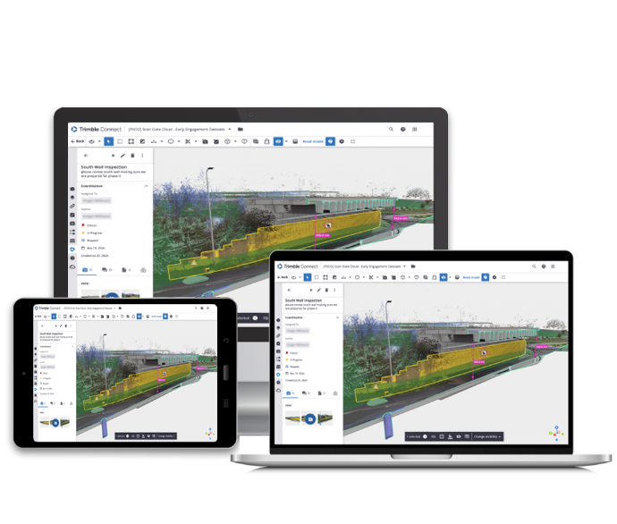 Visualisatie van de Trimble Reality Capture Platform Service (TRCPS) binnen Trimble Connect: beheer en weergave van volumineuze 3D-scandata op desktop, tablet en smartphone.