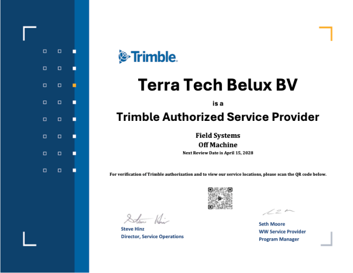 Certificat Trimble confirmant qu’AllTerra Belux est un Trimble Authorized Service Provider officiellement reconnu pour l’étalonnage et la réparation d’instruments de mesure.