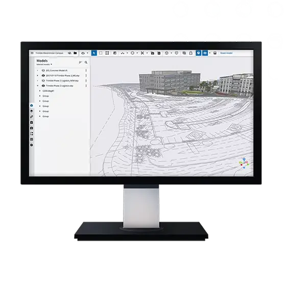 De cloud-omgeving van Trimble Connect® op een desktop, die real-time samenwerking en het delen van 3D-modellen en velddata tussen projectpartners faciliteert.