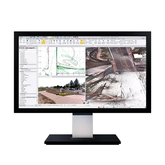 Het dashboard van Trimble Business Center (TBC) kantoorsoftware tijdens de verwerking en kwaliteitscontrole van gecombineerde total station- en scan-data voor een nauwkeurig BIM-eindproduct.